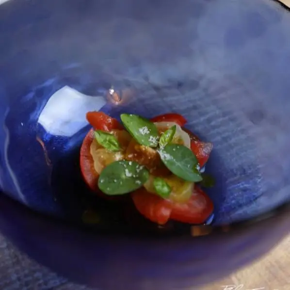 creation thumb for Marinated and fresh tomatoes with mint tea and basil oil