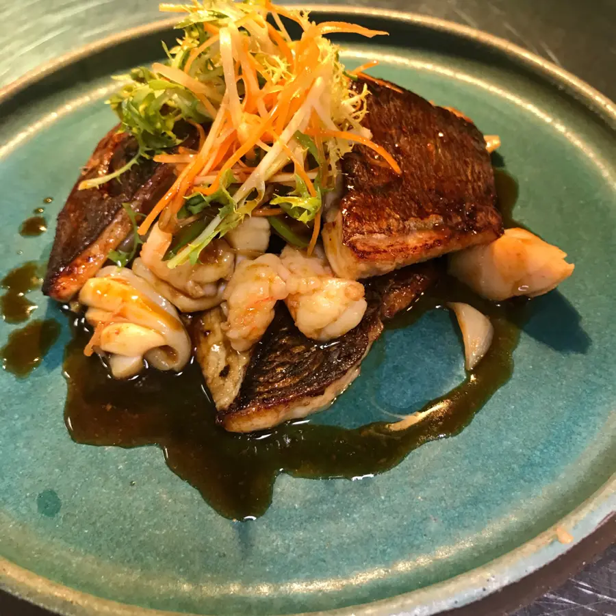 creation thumb for Sea bass with calamari and shrimp kobayake souce..