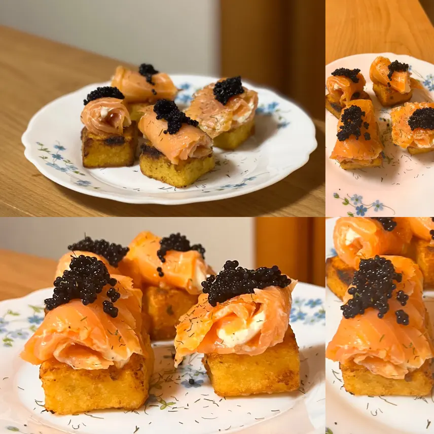 creation thumb for Smoked Salmon, Caviar, Dill Provolone Polenta Crostinis