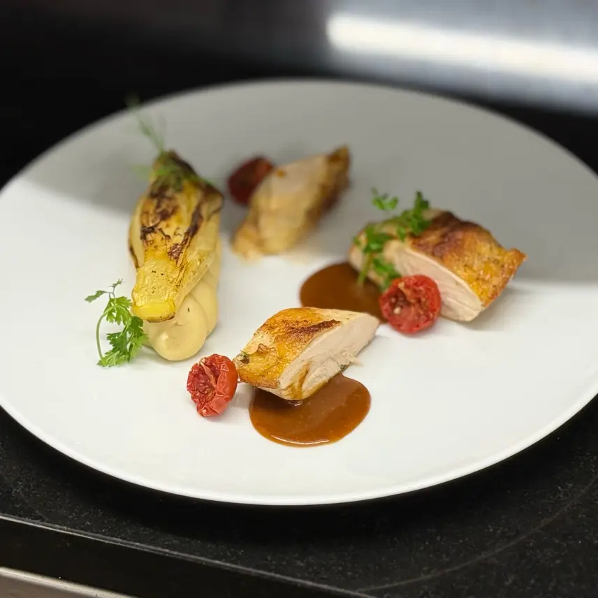 creation thumb for Faraona, Belgian endive with saffron and pheasant jus.