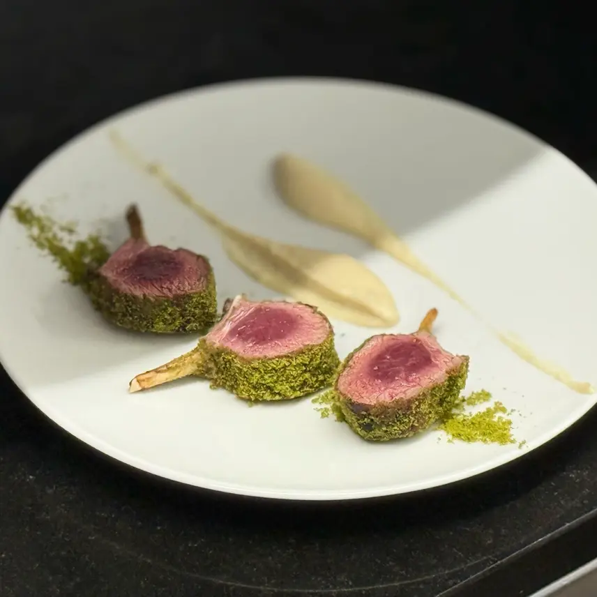 creation thumb for Lamb Chops, Parsley Crust, Celery Cream, and Mint Sauce