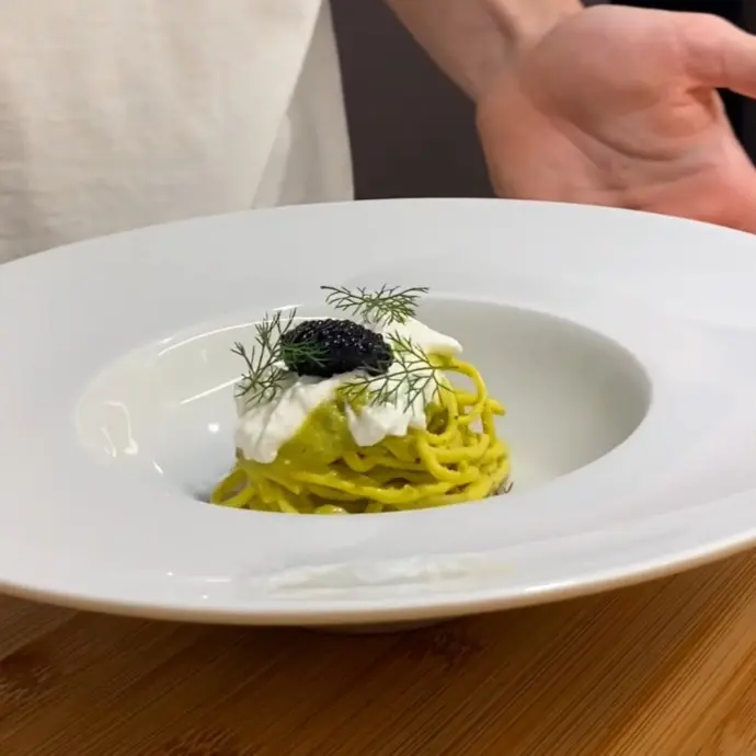 creation thumb for Tagliolini with Zucchini Flower Pesto & Stracciatella