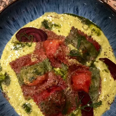 creation thumb for Colorful Salmon Ravioli with Pea Cream