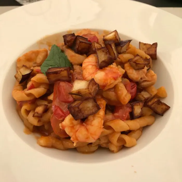 creation thumb for Trinacria pasta: eggplant fried, bisque shrimps, Tuna and tomato sauce