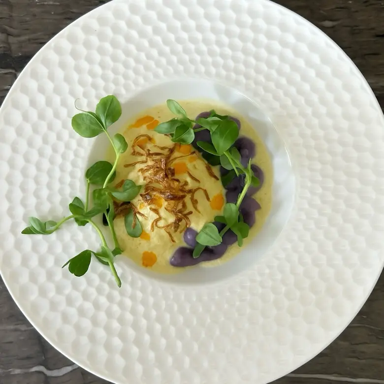 creation thumb for Curried coconut milk poached eggs with purple yam puree