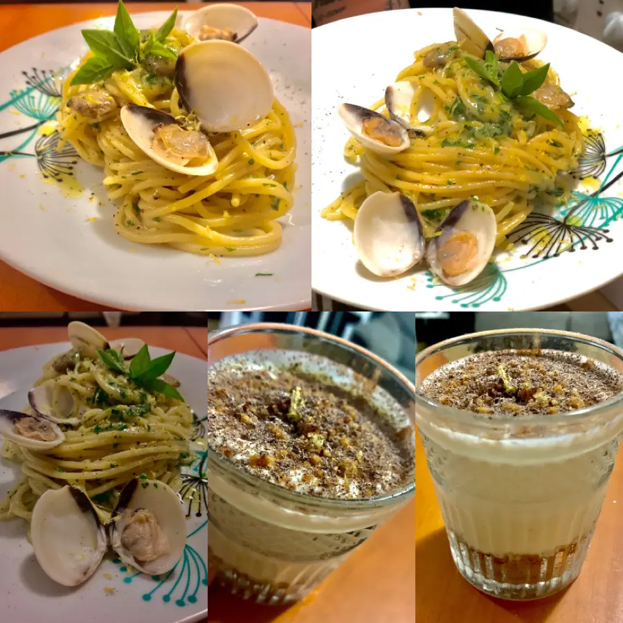 creation thumb for Pasta con almejas y postre de queso Mono porción