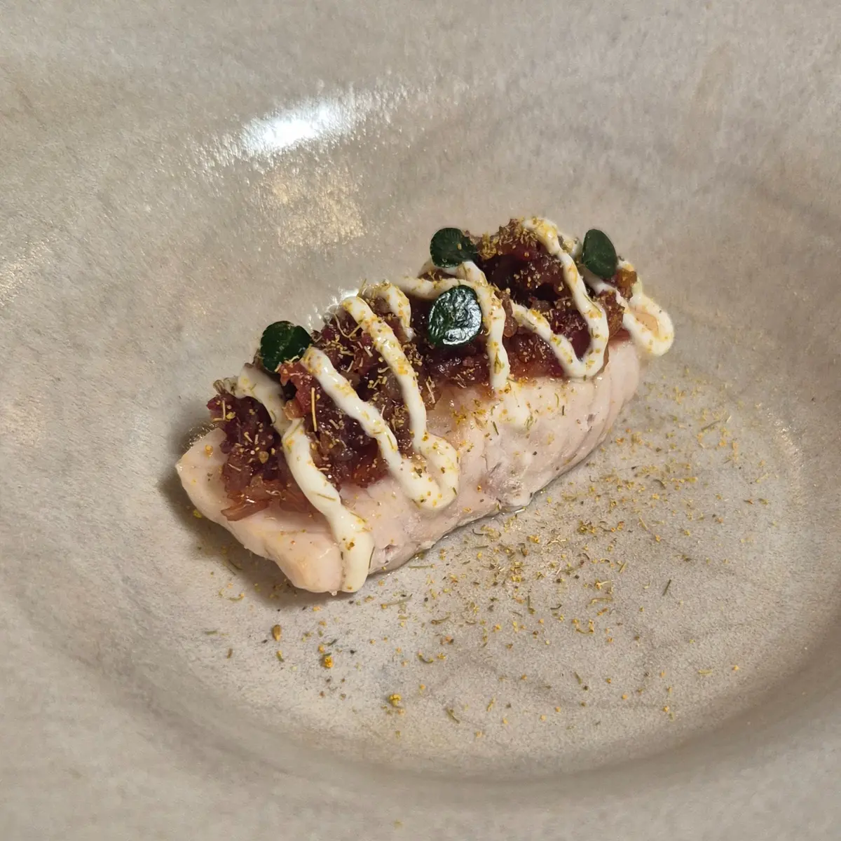 creation thumb for Grilled Sturgeon with Kaffir Lime Cream and Bacon Jam