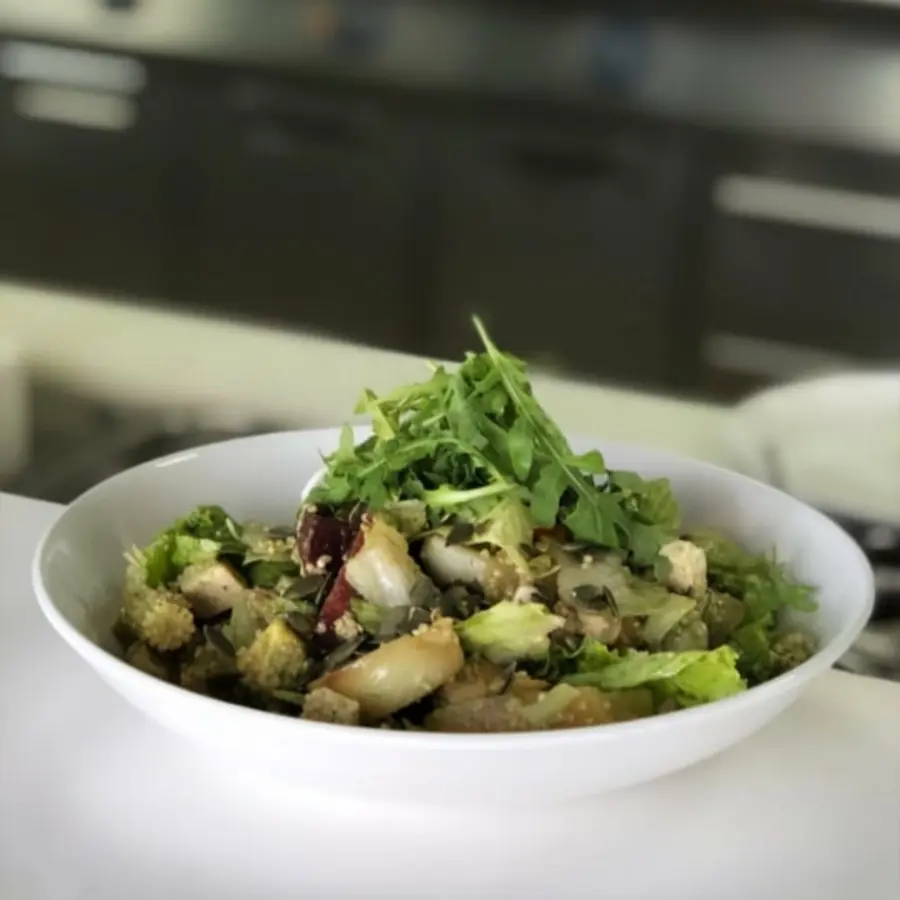 creation thumb for Marinated vegetables salad with basil oil and roasted pumpkin seeds.