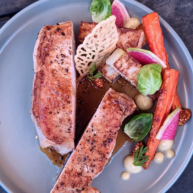 creation thumb for Seared pork loin, roasted vegetables, caramel pan sauce