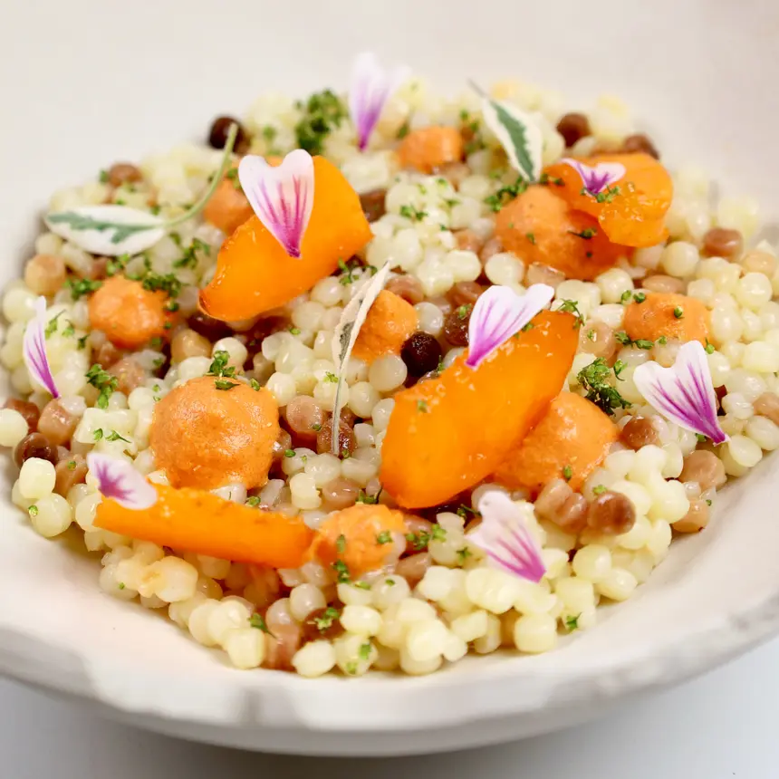 creation thumb for Fregola, tomato-coconut sauce, apricot & sorrel
