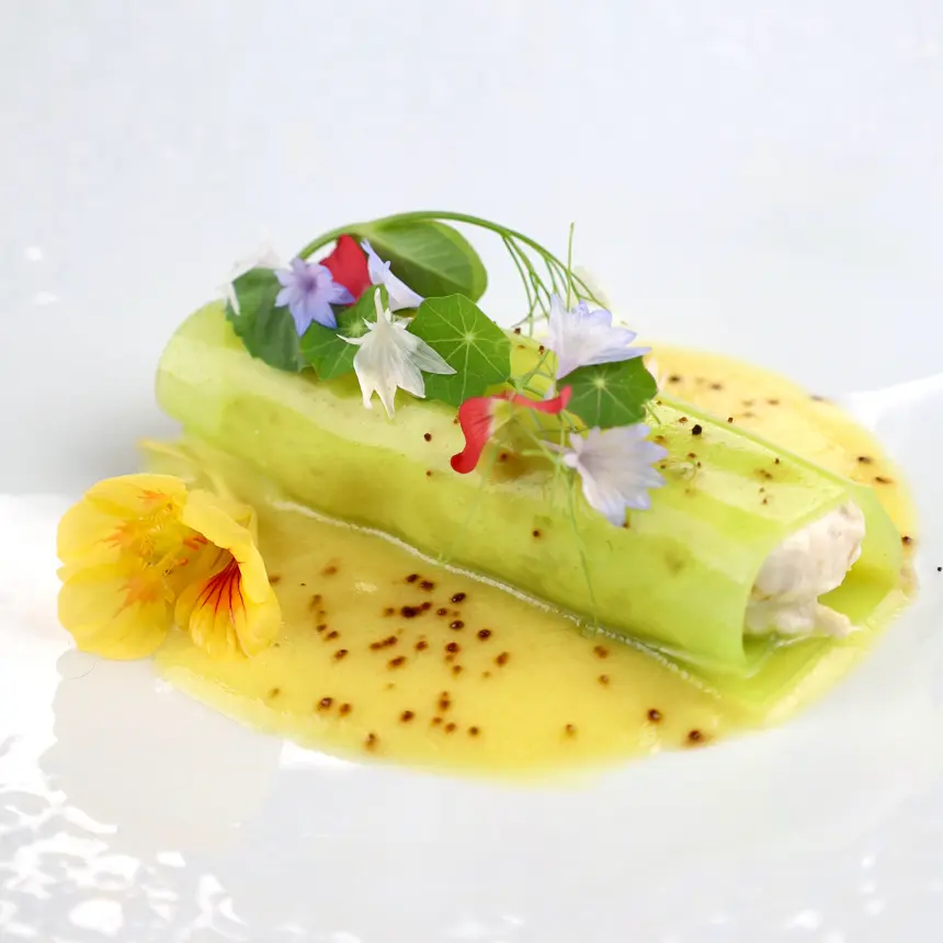 creation thumb for Pea veil filled with whipped cod and leek, zucchini sauce