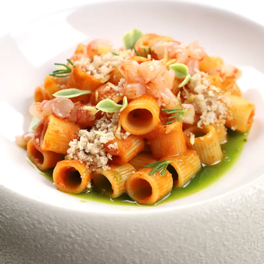 creation thumb for Pasta, confit tomato, red prawns, basil oil & bread crumble