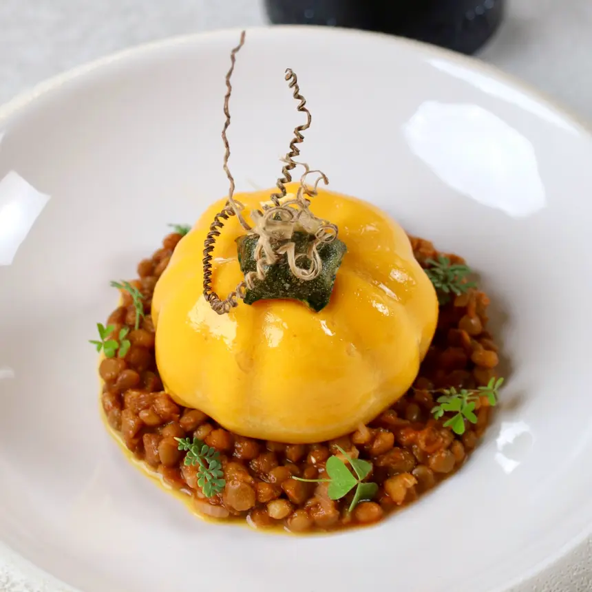 creation thumb for Molecular pumpkin filled with leek and pumpkin,orange glaze