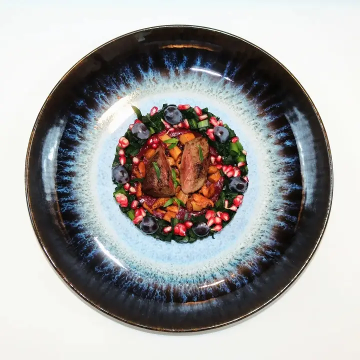 creation thumb for Pigeon, chanterelles mushrooms and pomegranade