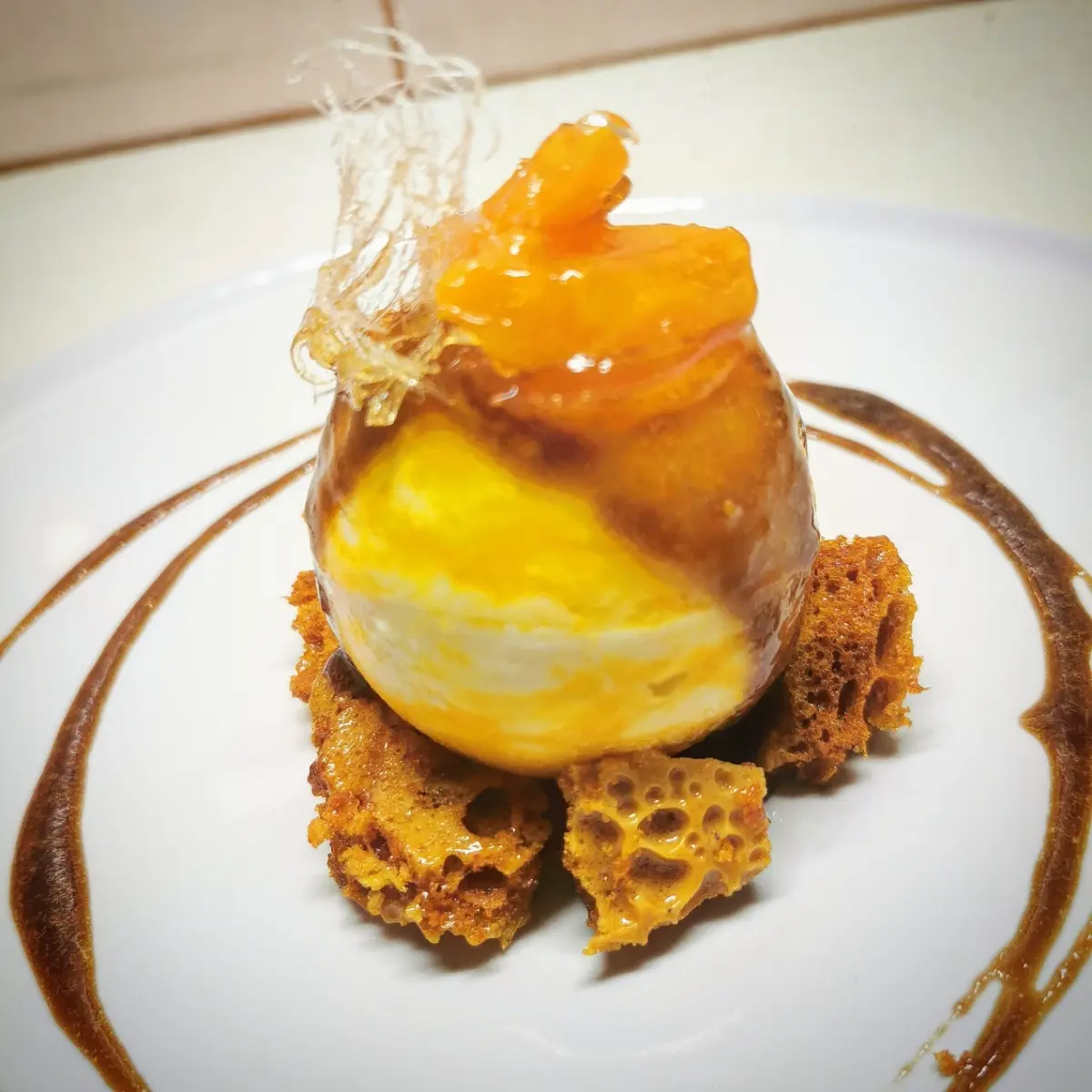 creation thumb for Orange bavarois, honeycomb, caramelised oranges, coffee caramel sauce