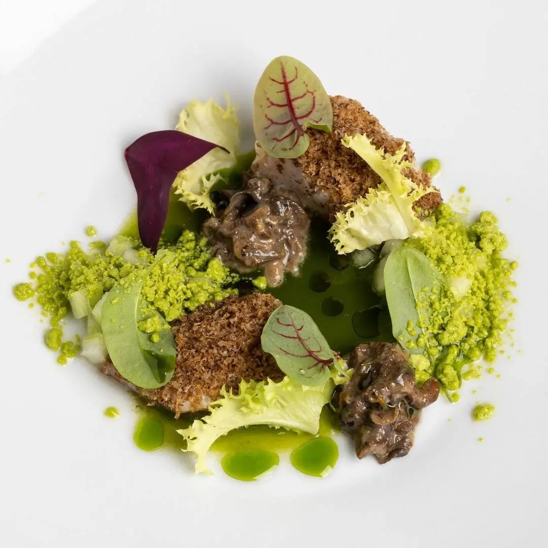 creation thumb for Mullet, sorrel, black truffle, snails in porchetta