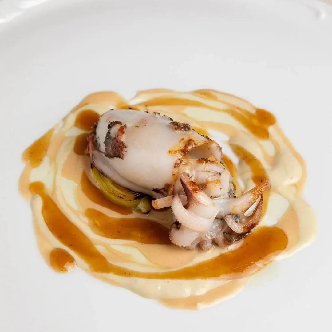 creation thumb for Cuttlefish quickly broiled, Cuttlefish Liver and Oyster Mayonnaise, Leek Glaze, and Rabbit Cacciatore Base