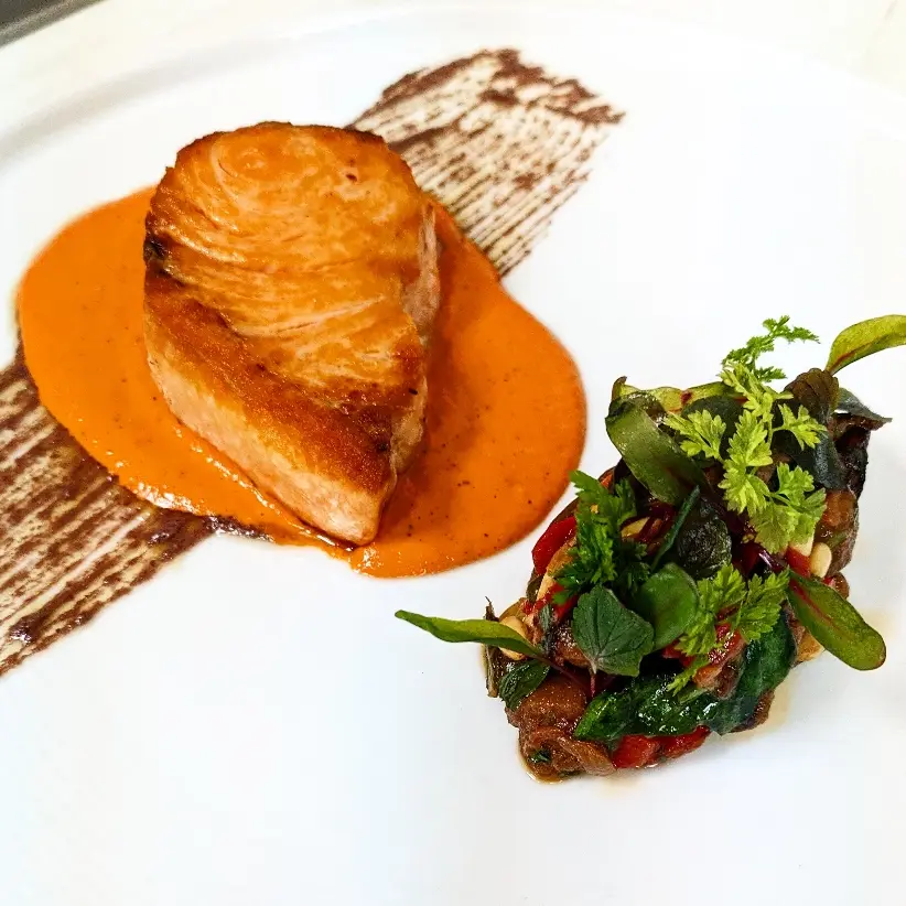 creation thumb for Pumpkin sword fish: romesco, fairy taile eggplant, olive