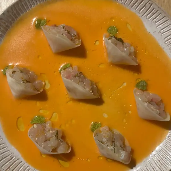 creation thumb for Papaya Cones with Fish Tartar, Bulgur & Nectarine Sauce