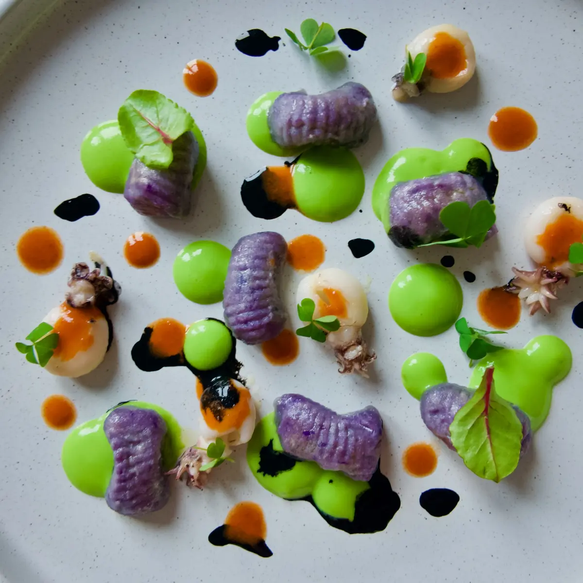 creation thumb for Purple Potato, Pea, and Cuttlefish Gnocchi with Chorizo