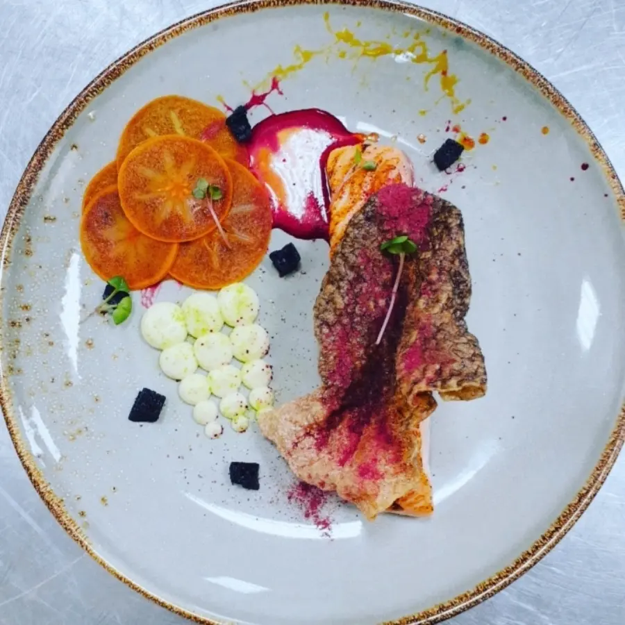 creation thumb for Trout |Celeriac | Marinated Persimmon  Black Garlic Charcoal |Forest Berries Sauce..
