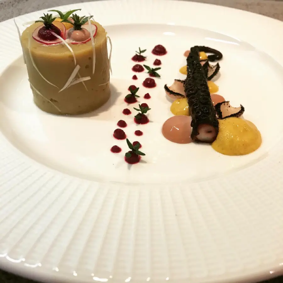 creation thumb for •OCTOPUS CABBAGE BEETROOT BRINE• MAYONNAISE MANGO• MAYONNAISE OCTOPUS• FAVA• BEETROOT BLACK GARLIC CREAM• BITTER ONION• BURNED LEEK•