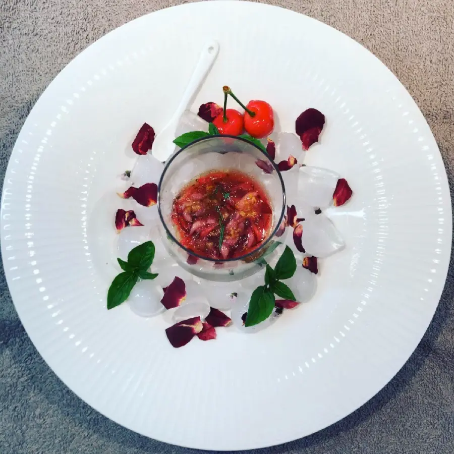 creation thumb for anchovies caviar, cherries from the yard, green hot pepper, fresh lemon juice, lemon zest, extra virgin olive oil Manaki variety, flakes salt kythiron and fresh basil!!!
