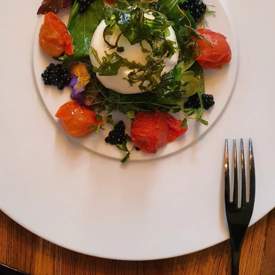 creation thumb for Buratta, Wildkräuter Basilikum Salat, Baldamico Kaviar, knuspriger Rucola, geschmolzene Cherrytomaten