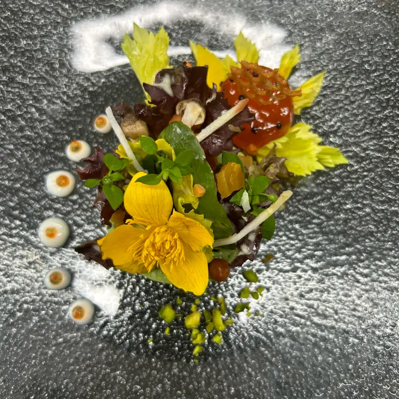 creation thumb for Wild herb salad| pickled egg yolk