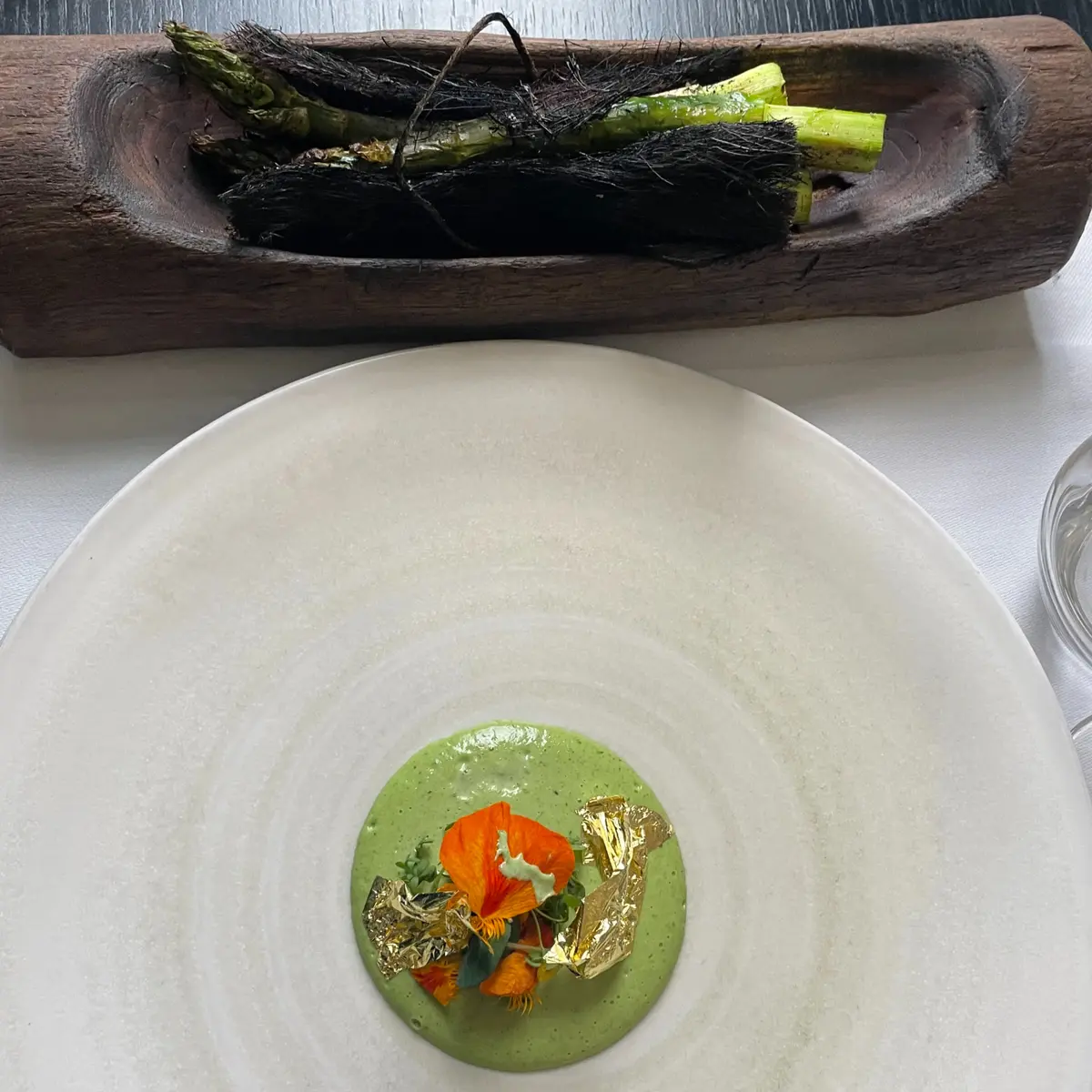 creation thumb for Green Asparagus in Tree Bark on the Barbecue, Sorrel Sabayon