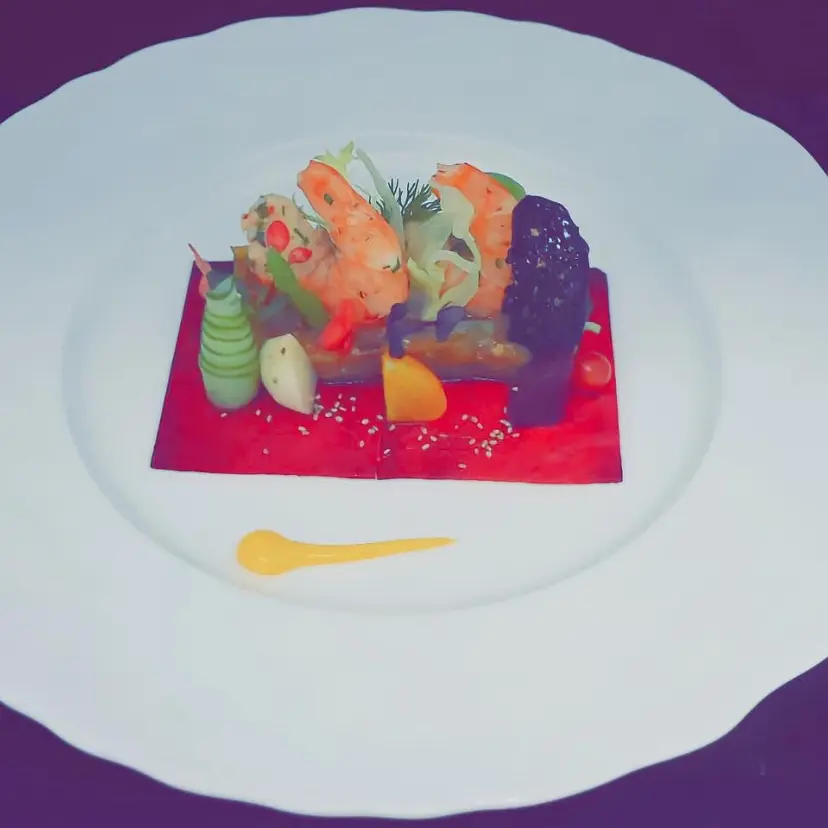 creation thumb for Langostino escalfado en mantequilla, mousse de cangrejo confitado, clupea ahumada con salsa teriyaki, hinojo a la parrilla, teja de tinta de calamar, remolacha empapada en aceite de sésamo, aioli