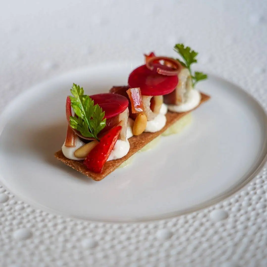 creation thumb for Red Wine, Duck Prosciutto, Rhubarb, Pine Nut and Strawberry 