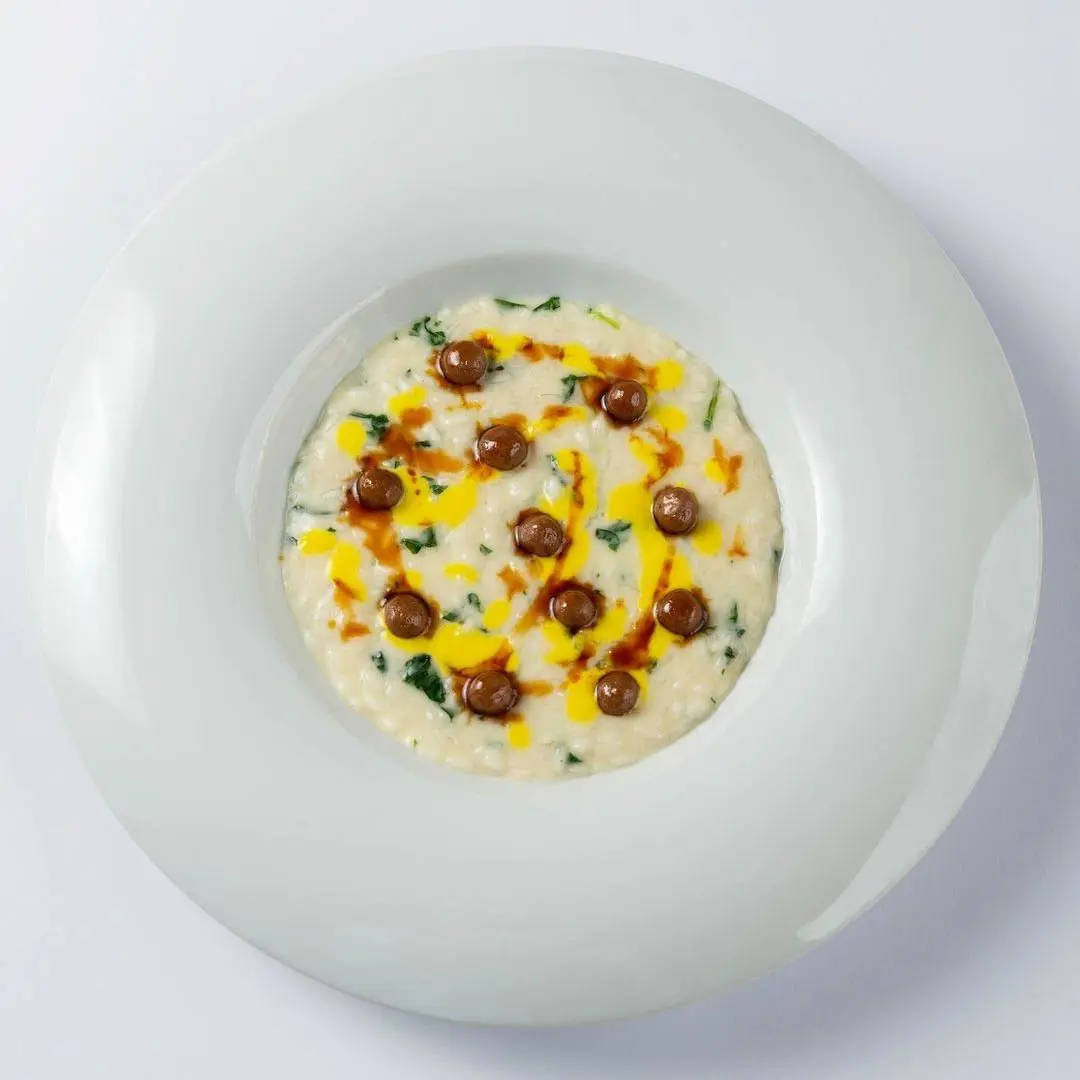 creation thumb for Risotto w/ Pienza Pecorino, Chicory, Saffron & Meatballs