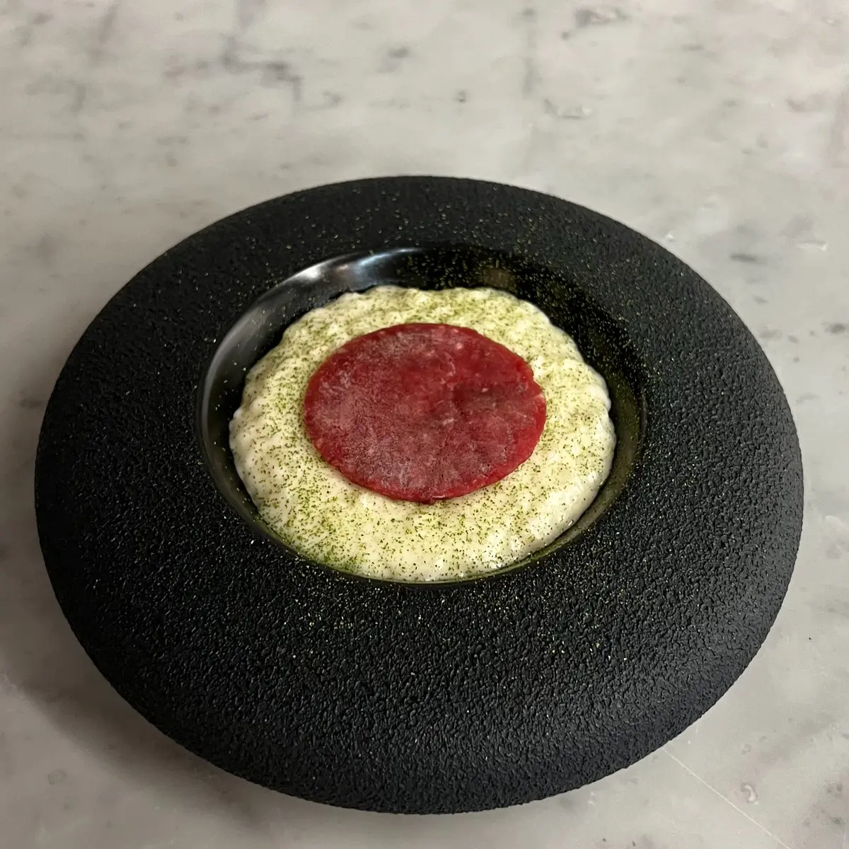 creation thumb for Smoked Risotto with Sheep Tartare and Bay Leaf Powder