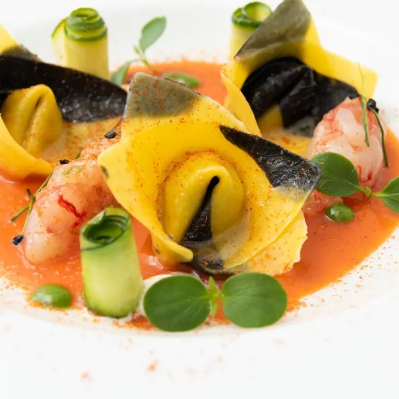 creation thumb for tortelli with bisque, shrimp tartare, marinated courgettes