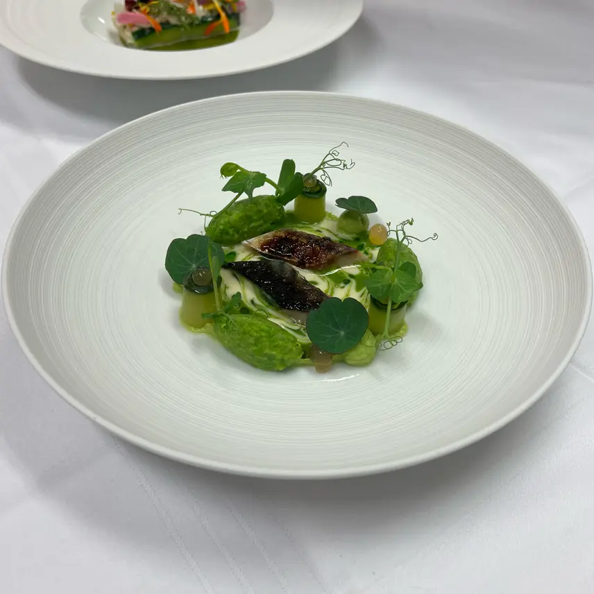 creation thumb for Lacquered mackerel, peas, cucumbers and kalamansi beurre blanc