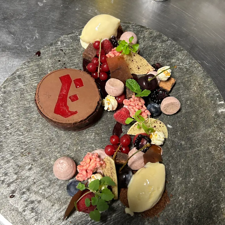 creation thumb for chocolate flan, popcorn ice cream and red fruit