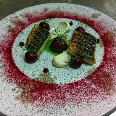 creation thumb for Torched mackerel with tarama and beetroot puree