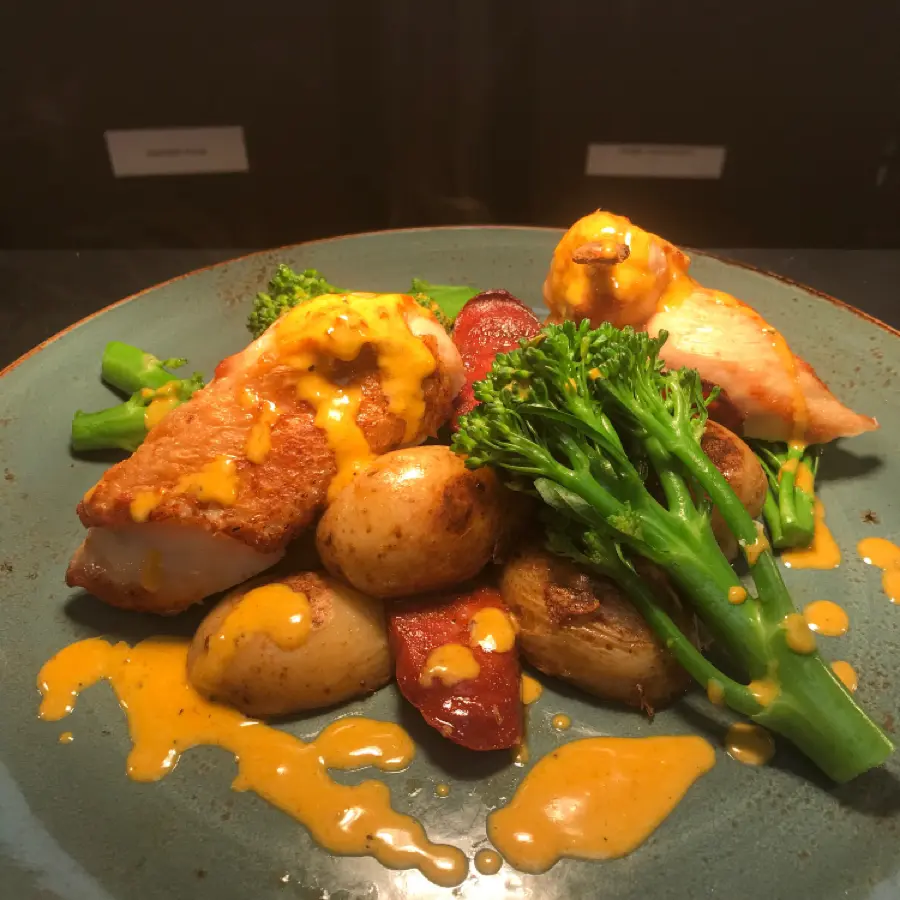 creation thumb for Chicken supreme sautéed potatoes chorizo  tenderstem broccoli saffron emulsion