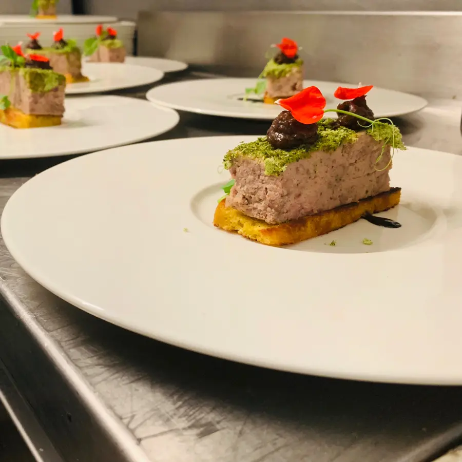 creation thumb for Lamb terrine , caramelized onion, cornbread, wild spring herbs powder