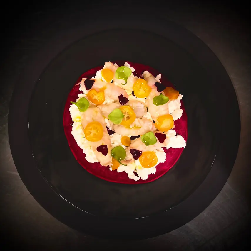 creation thumb for Langustine/Beetroot pancake/ Sheepcurd/Fermented kumquat