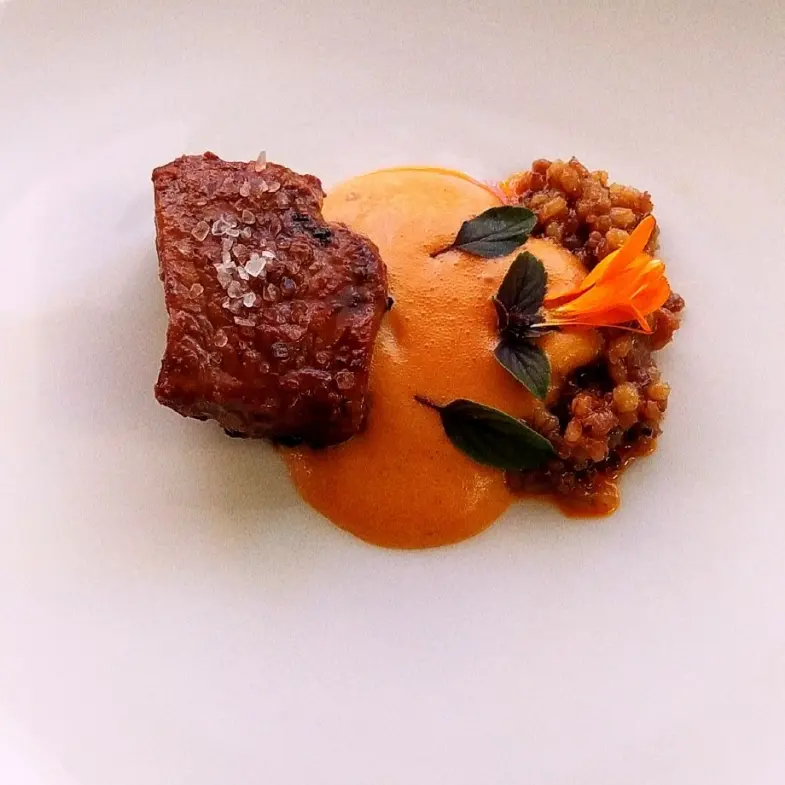 creation thumb for Mirabellen Siracha Foam, miso aged entrecotte, puffed barley