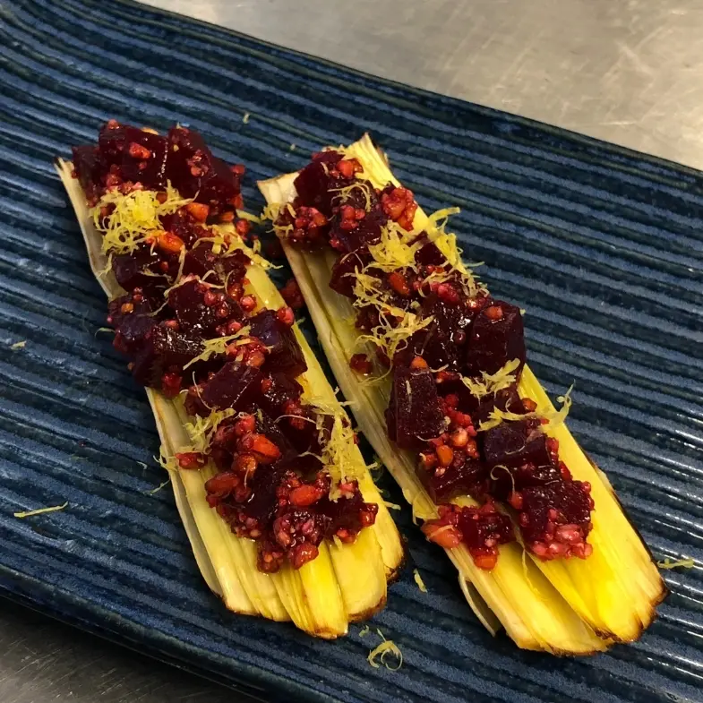 creation thumb for Miso Zuke grilled leek, beetroot/barley tartar