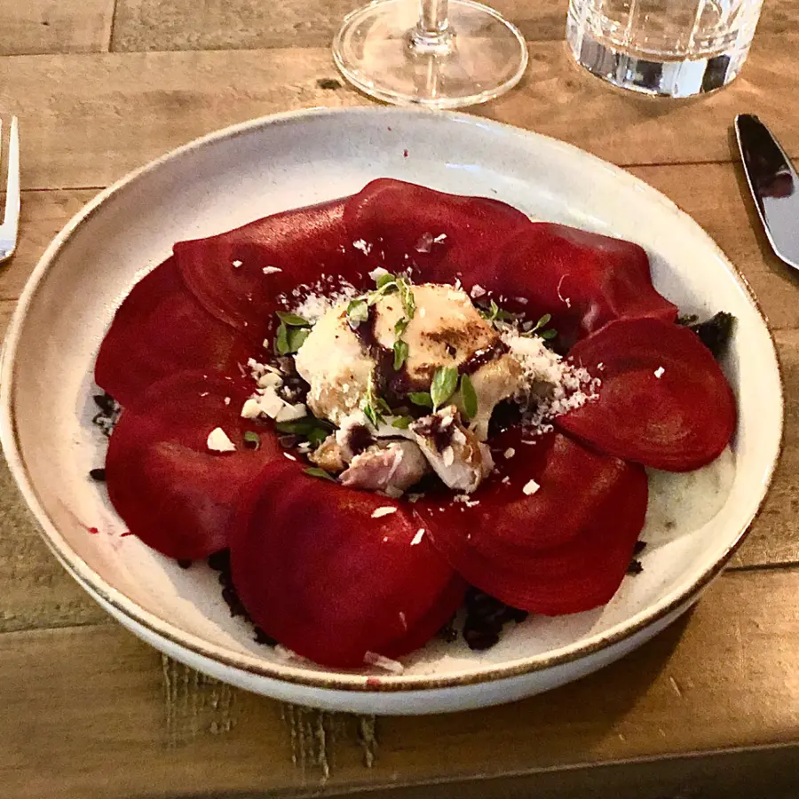 creation thumb for Grlled chicken, with red wine sauce, beetroot, black rice