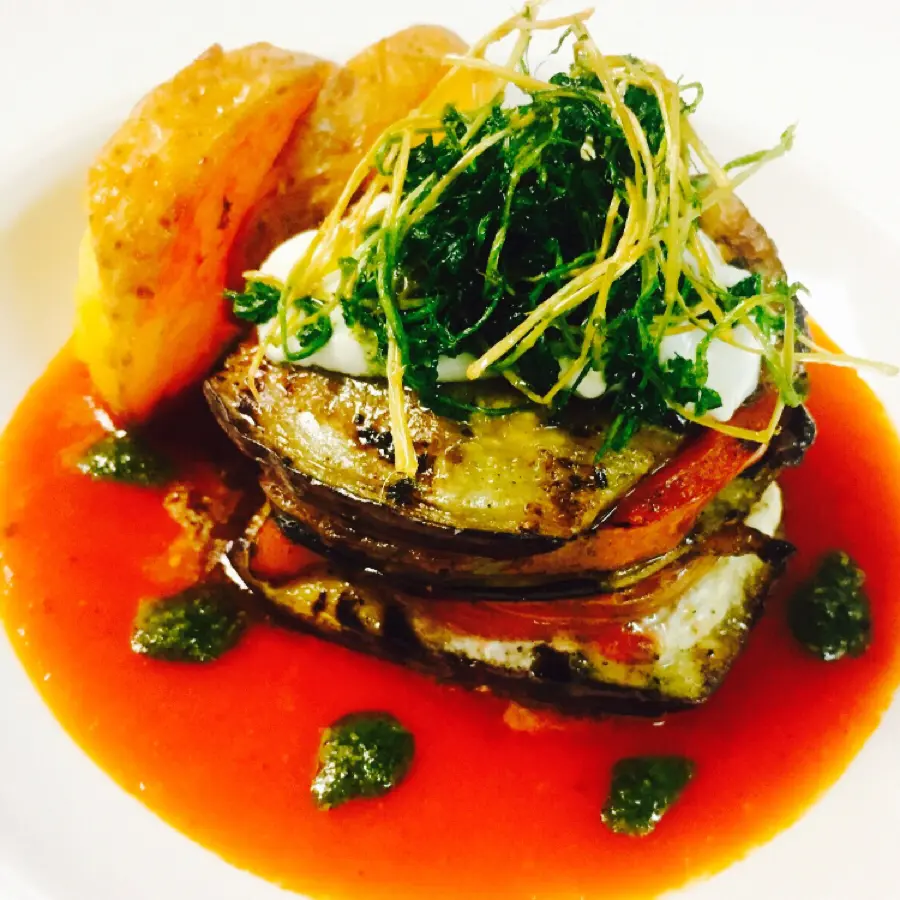 creation thumb for Grilled eggplant, tomato veloute, basil pesto, garlic grilled tomato