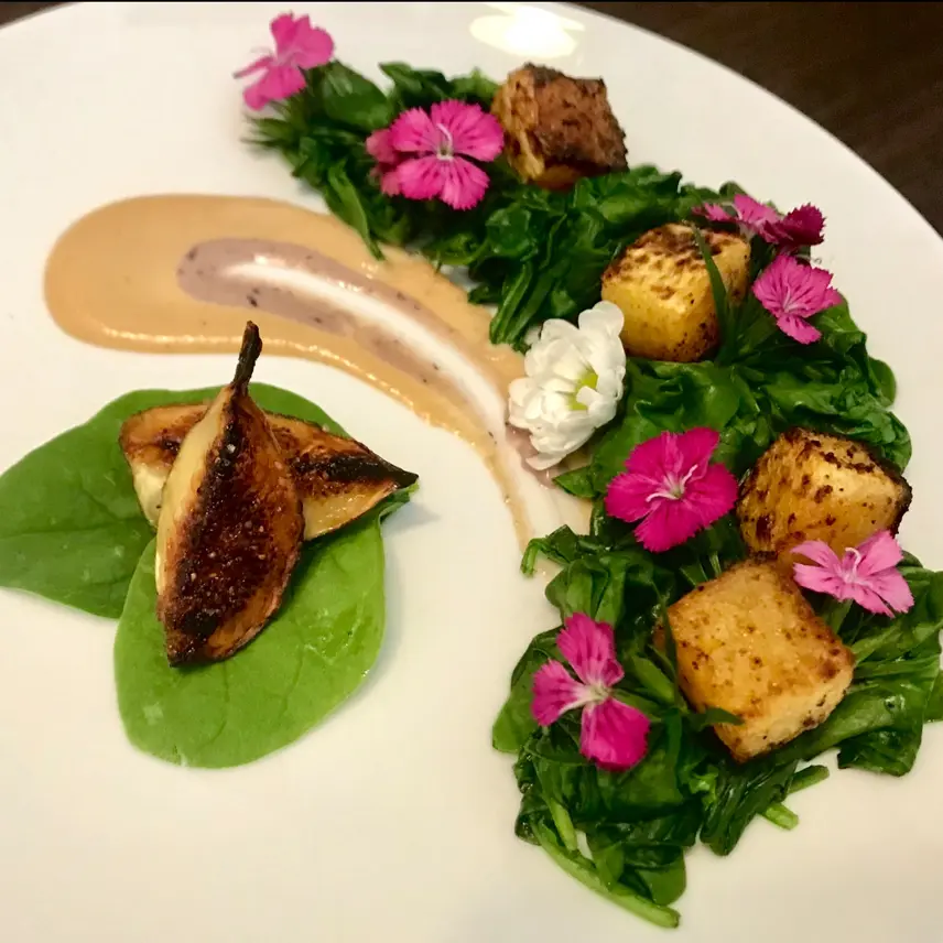 creation thumb for Raw sugar turnip, fig, spinach, plum vanilla reduction vegan