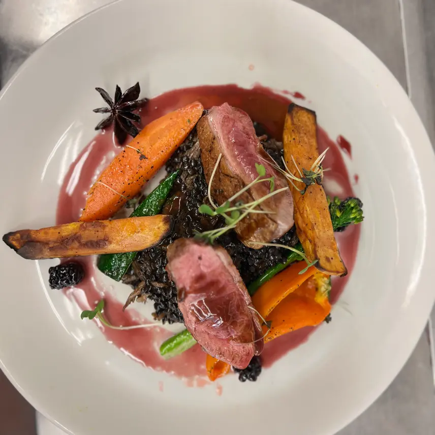 creation thumb for Duck two way , beluga lentil ,roasted sweet potato , pan jus