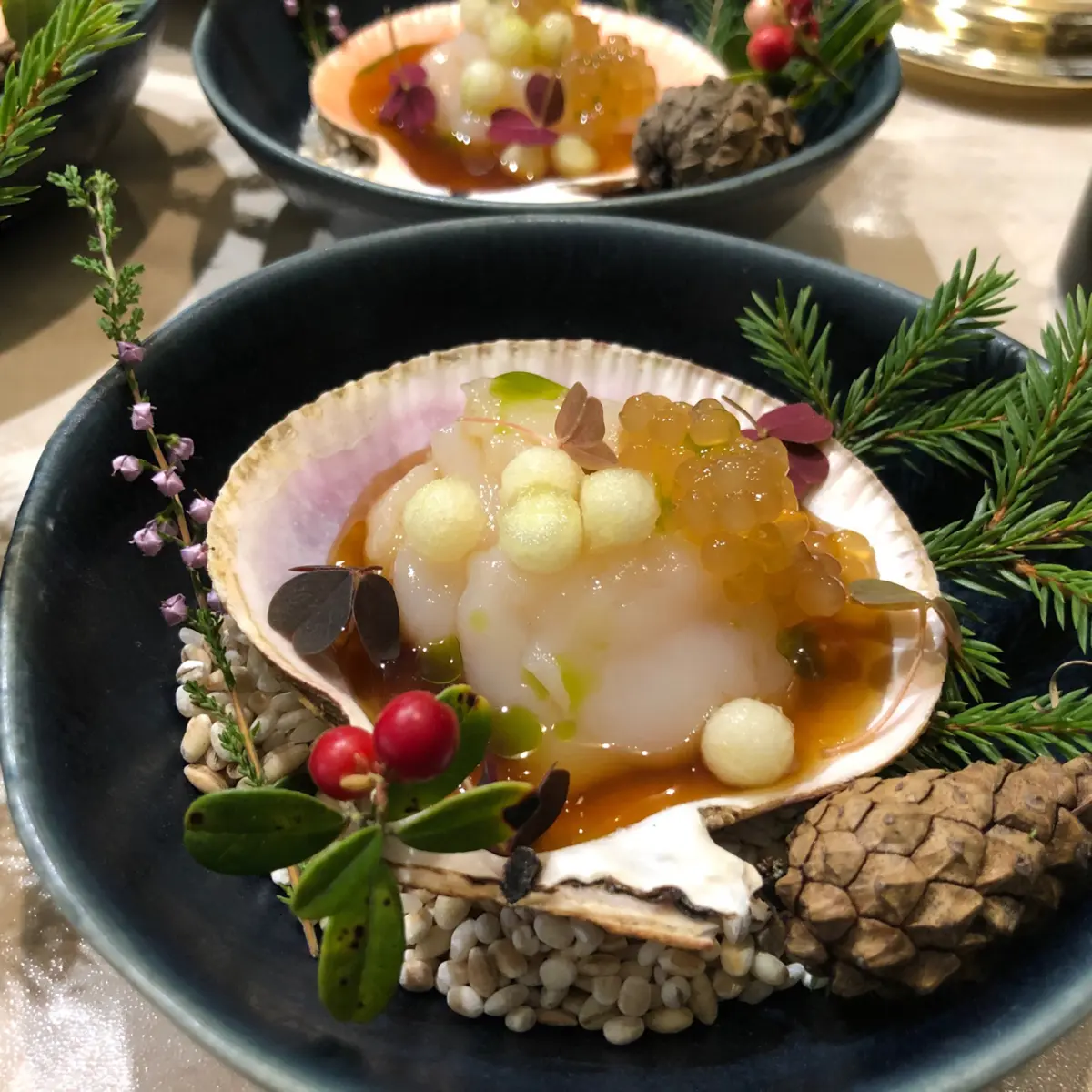 creation thumb for Scallop sashimi, shiso, tapioca caviars