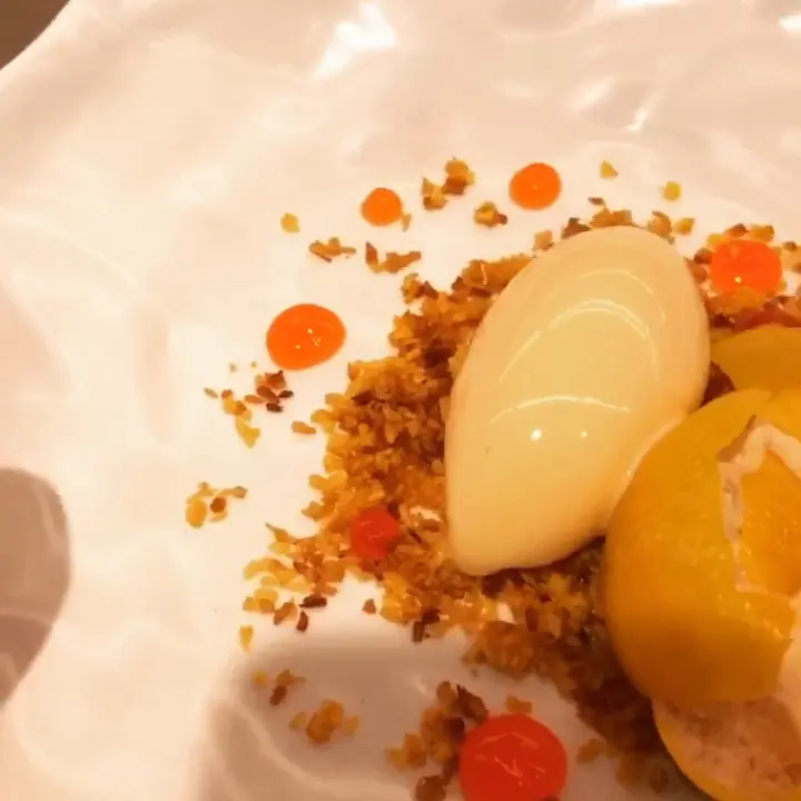 creation thumb for Mandarin sorbet, manitol-mandarin mould, coconut crunch and aperol gel