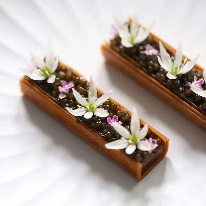 creation thumb for Square Taco Shell, Yellowtail, Wild Garlic, Caviar